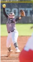  ?? STAFF PHOTO BY MATT HAMILTON ?? Bradley Central’s Kaitlyn Bailey fires a pitch against Ooltewah on Tuesday.