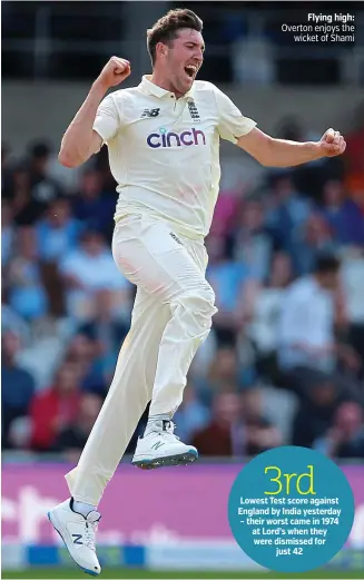  ?? PICTURE: PA ?? Flying high: Overton enjoys the wicket of Shami