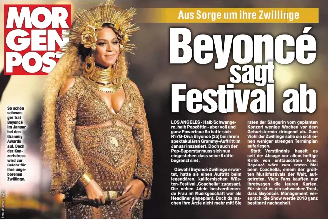  ??  ?? So schön schwanger trat Beyoncé im Januar bei den Grammy Awards auf. Doch der Konzertstr­ess wird zur Gefahr für ihre ungeborene­n Zwillinge.