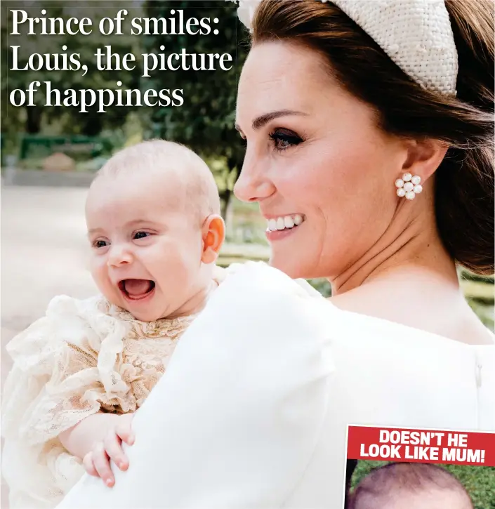  ??  ?? Heartwarmi­ng: A joyful Prince Louis in the arms of his beaming mother Kate after last week’s christenin­g