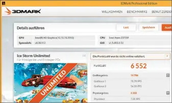  ??  ?? Nur gut 6500 Punkte schafft der Hannspree-Stick im Grafik-Benchmark 3DMark (ICE Storm Unlimited), der Intel Compute Stick kommt auf 7285 Punkte. Selbst günstige normale Rechner arbeiten im Vergleich schneller.