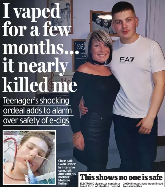  ??  ?? Close call: Ewan Fisher in intensive care, left, and with his mother Melanie Kelham