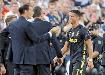  ??  ?? Cristiano Ronaldo in tears on Wednesday after being sent off during Juventus’ 2-0 Champions League Group H victory over Valencia at the Mestalla in Valencia, Spain. — Reuters