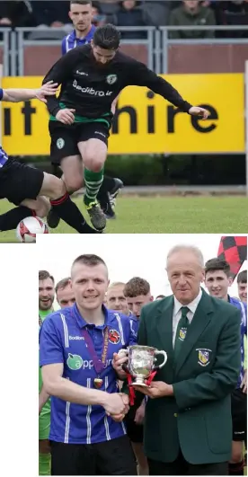  ??  ?? Gorey Rangers captain Stephen Kinsella receives the cup from Wexford Football League Chairman, Denis Hennessy.