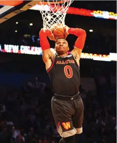  ?? (Reuters) ?? OKLAHOMA CITY THUNDER star Russell Westbrook is one of the NBA’s most aggressive players, and he’s turned that passion into a league-leading 27 triple-doubles at the All-Star break – with averages of 31.1 points, 10.5 rebounds and 10.1 assists per...