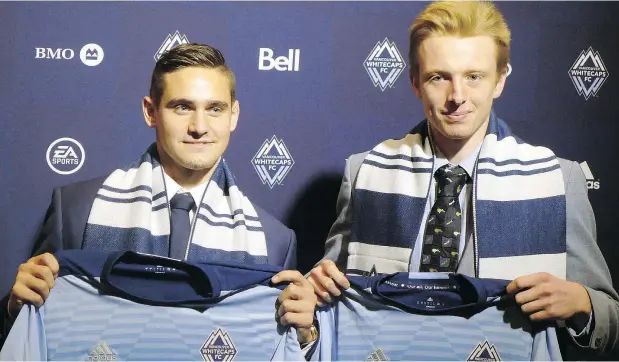  ?? — THE CANADIAN PRESS FILES ?? Jake Nerwinski, left, is one of the only recent SuperDraft picks to find success with the Whitecaps. Nerwinski was taken No. 7 overall by the Caps in 2017, ahead of second-round pick Francis de Vries, right, who now plays for Swedish third-division side Nyköpings BIS.