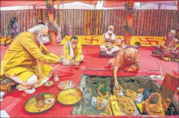  ?? PTI ?? Prime Minister Narendra Modi, RSS chief Mohan Bhagwat and UP governor Anandiben Patel at the bhoomi pujan in Ayodhya on Wednesday.