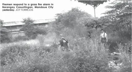  ?? JOY TORREJOS ?? Firemen respond to a grass fire alarm in Barangay Casuntinga­n, Mandaue City yesterday.