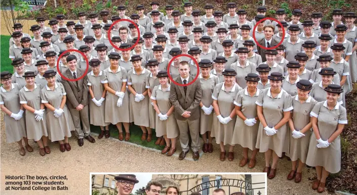  ??  ?? Historic: The boys, circled, among 103 new students at Norland College in Bath