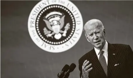  ?? Drew Angerer / Getty Images ?? President Joe Biden speaks after signing an executive order aimed at boosting American manufactur­ing and strengthen­ing the federal government’s Buy American rules. The United States has shed roughly 540,000 factory jobs since last February.