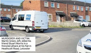  ??  ?? MURDERER AND VICTIM: Martin Green, left, killed his friend Stuart Morris in a frenzied attack at his flat in Heathcott Road, Leicester