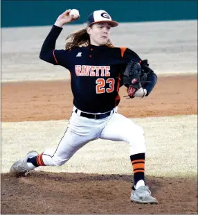  ?? Westside Eagle Observer/MIKE ECKELS ?? Gravette relief pitcher Isaac Sullivan throws during the Gravette-Pea Ridge game in Gravette on March 29.