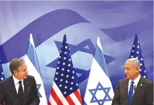  ?? (Ronaldo Schemidt/Pool via Reuters) ?? US SECRETARY of State Antony Blinken and Prime Minister Benjamin Netanyahu give a joint press conference yesterday in Jerusalem.