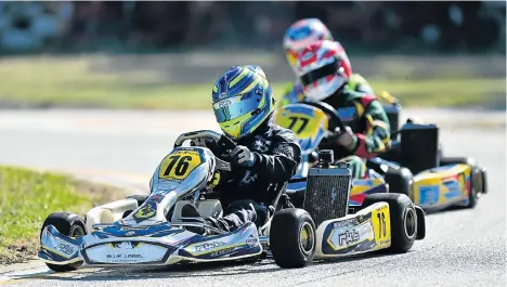 ?? Picture: EUGENE COETZEE. ?? PUSHING PEDAL: Chassen Bright in action at the Celso Scribante Kart Track. He is followed closely by Durban’s Blaine Rademeyer and Dino Stermin