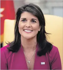  ?? SAMUEL CORUM NYT ?? Nikki Haley, the U.S. ambassador to the United Nations, said she would resign at the end of the year, probably to work in the private sector.