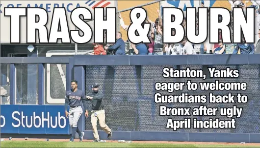  ?? Robert Sabo ?? ALL A LITTER: Guardians outfielder Oscar Mercado gets pelted with trash after the Yankees beat Cleveland on a walk-off hit on April 23. Earlier in the game, outfielder Myles Straw went after fans in left who were jeering injured Steven Kwan.