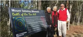  ??  ?? SHARED PAST: At the Battle of One Tree Hill Lookout at Duggan Park are (from left) Uncle Darby McCarthy, Morley Grainger and Ron Hampton.