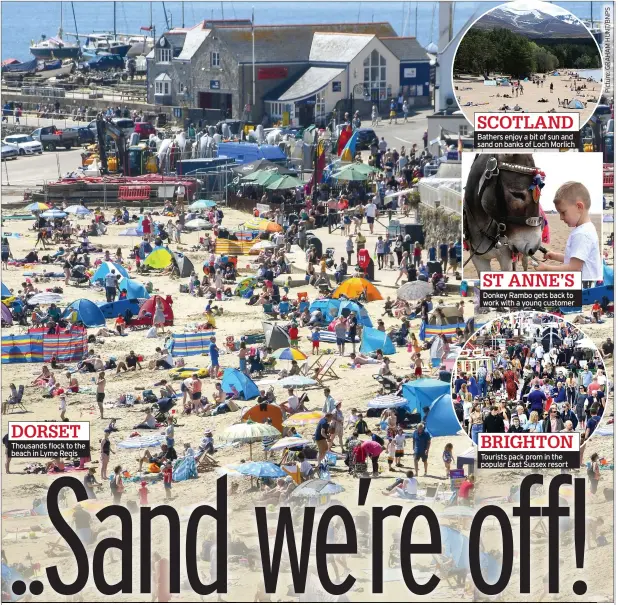  ??  ?? SCOTLAND Bathers enjoy a bit of sun and sand on banks of Loch Morlich
ST ANNE’S Donkey Rambo gets back to work with a young customer
BRIGHTON Tourists pack prom in the popular East Sussex resort