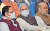  ?? — PTI ?? Prime Minister Narendra Modi (centre), home minister Amit Shah (right) and BJP president J.P. Nadda during the BJP Parliament­ary Party meeting in New Delhi on Tuesday.