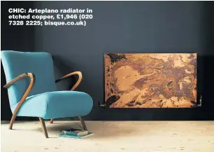  ??  ?? CHIC: Arteplano radiator in etched copper, £1,946 (020 7328 2225; bisque.co.uk)