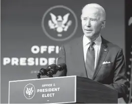  ?? JOSHUA ROBERTS/GETTY ?? President-elect Joe Biden notes that his Cabinet is the first to reach gender parity and include a majority of people of color, quashing concerns from some corners that he would largely rely on one made up of white men. Confirmati­ons are still needed.