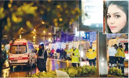  ?? (Ismail Coskun/Ihlas News Agency/Reuters, Courtesy) ?? AMBULANCES LINE UP early yesterday morning on a road leading to Istanbul’s Reina nightclub, where a terrorist attacked a New Year’s Eve party. Israeli Lian Nasser (inset), 18, was among the slain.
