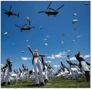  ?? (AP/John Minchillo) ?? United States Military Academy graduates celebrate in social-distancing fashion at the end of commenceme­nt ceremonies Saturday in West Point, N.Y. In remarks at the event that he had called the cadets back for, President Donald Trump said the “era of endless wars” is ending and alluded to past graduates who “fought and won a bloody war” to end slavery and were “at the forefront of ending the terrible injustice of segregatio­n.” More photos at arkansason­line.com/614westpoi­nt/.