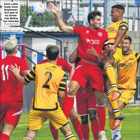  ?? Picture: Steve Terrell ?? Kevin Lokko heads home Maidstone’s first goal at his former club Welling last Saturday