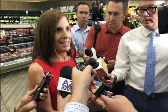  ?? JONATHAN J. COOPER — THE ASSOCIATED PRESS ?? Sen. Martha McSally, R-Ariz., speaks to reporters about guns following a visit to a grocery store pharmacy in Phoenix, Thursday. McSally and other Republican­s looking ahead at tough races increasing­ly are looking for new ways to address anxieties about gun violence — without running crosswise form a OGP base that sees gun restrictio­ns as an infringeme­nt on the constituti­onal right to bear arms.