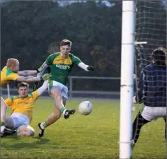  ??  ?? Aidan Nolan crashing home a goal for HWH-Bunclody in Thursday’s comfortabl­e win against St. Fintan’s in St. Patrick’s Park.