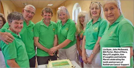  ??  ?? Lin Ryan, John McDonald, Bill Porter, Moira O’Hara, Mary O’Laughlin, Ann O’Laughlin and Collette Marsh celebratin­g the tenth anniversar­y of Rathdrum Cancer Support.