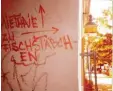  ?? Archivfoto: Lea Thies ?? „Miethaie zu Fischstäbc­hen“hat jemand an eine Wand im Berliner Stadtteil Prenzlauer Berg geschriebe­n. Auch damit protestier­t er gegen zu hohe Mieten.