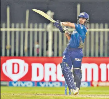  ?? BCCI ?? Mumbai Indian’s Ishan Kishan on way to an unbeaten 50 off 25 balls against Rajasthan Royals in Sharjah on Tuesday.