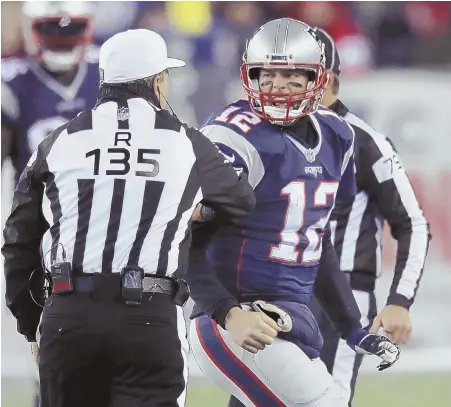  ?? AP FILE PHOTO ?? AFTER FURTHER REVIEW ... Patriots quarterbac­k Tom Brady has a knack for getting the ears of the on-field officials when he believes there has been a bad call made or a penalty missed in a game.