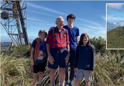  ?? ?? Colin Hallet, 90, has scaled the 3.9km track to the summit of Te Aroha mountain. He is pictured afterwards with his greatgrand­children, from left, Seth, Caleb and Nathan Gilliver.