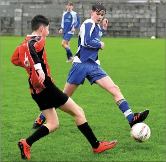  ??  ?? Adam Sheehy, Park A, and Pater Casey, Ballyhar Dynamos, in action during their Schoolboy Soccer U-16 game in Tralee on Saturday