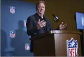  ?? PHELAN M. EBENHACK – AP ?? NFL commission­er Roger Goodell addresses reporters at the end of the NFL owners meetings on Tuesday.