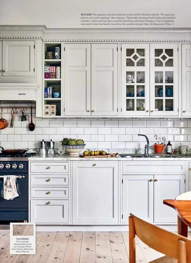  ??  ?? KITCHEN The generous kitchen ( below) works well for Kristin’s family. “It’s spacious and we can cook together,” she explains. Classicall­y decorated with light-grey kitchen cabinets, white subway tiles, a marble benchtop and brass fittings, it was...