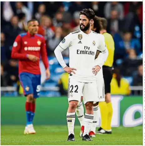  ??  ?? Bad boy: Real Madrid midfielder Isco reacts after CSKA midfielder Arnor Sigurdsson scored his side’s third goal during the Champions League Group G match at the Bernabeu on Wednesday. — AP