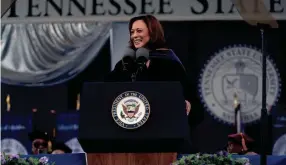  ?? GEORGE WALKER IV/NASHVILLE TENNESSEAN ?? Vice President Kamala Harris delivers the commenceme­nt address during the Tennessee State University graduation ceremony Saturday in Nashville.