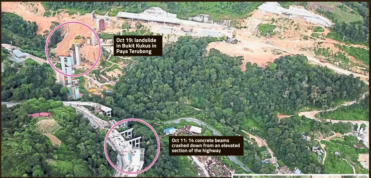  ??  ?? Oct 19: landslide in Bukit Kukus in Paya Terubong Oct 11: 14 concrete beams crashed down from an elevated section of the highway