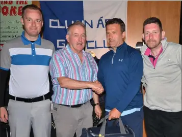 ??  ?? Chief organiser Tom McLoughlin (second left) presenting prizes for the inaugural Clonard G.A.A. Classic in Wexford on Friday. The winning team comprised Cathal O’Brien, Denis Duggan, Tony Dorazil and Eamon Black.