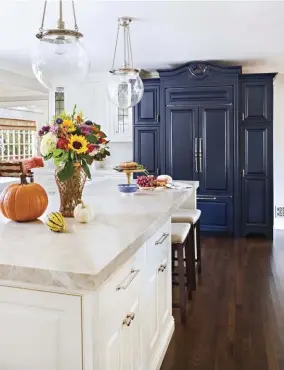  ??  ?? A custom cabinet hides the refrigerat­or, while added cupboards and drawers provide extra storage for food. The unit looks like a chic pantry, concealing what can easily be an eyesore. “We used a navy-blue stain on walnut, but note that the stain will absorb differentl­y on different woods,” says Tatiana.