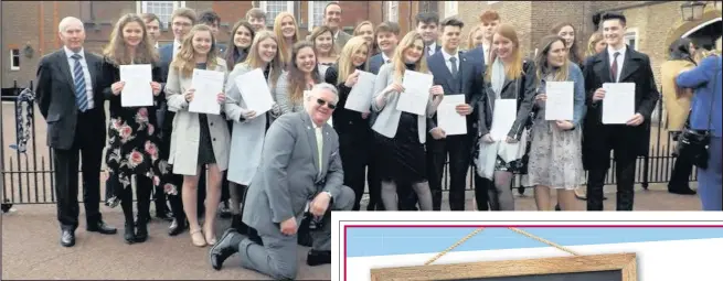  ??  ?? 23 students from Hinckley Academy and John Cleveland Sixth Form Centre attended St James’ Palace to collect their Duke of Edinburgh Gold Awards. Also pictured are Dick Beaumont, the DofE Manager at the Academy, Richard Cahill, Principal at HAJC and...