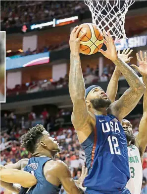  ??  ?? Outclassed: united states centre demarcus Cousins (no. 12) goes for the basket against nigeria during the last warm-up match at the toyota Centre. the us won 110 to 66 and coach Mike Krzyzewski (inset) said his team played a versatile game. —ePA
