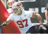  ?? Tony Avelar / Associated Press ?? Rookie Nick Bosa should improve the pass rush, which generated so little pressure in 2018 that the defense set a record by intercepti­ng only two passes.