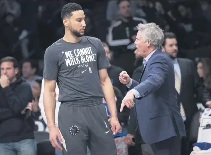  ?? MARY ALTAFFER — THE ASSOCIATED PRESS FILE ?? Ben Simmons, left, and head coach Brett Brown have apparently come to an accord about Simmons shedding some ball-handling duties and playing more regularly as a forward when the Sixers’ season resumes in Florida next month.