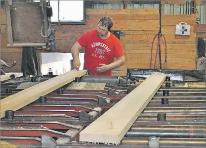  ?? CAROL DUNN/THE NEWS ?? A worker at Williams Brothers Ltd. in Barneys River marks the length on a board produced at the sawmill.