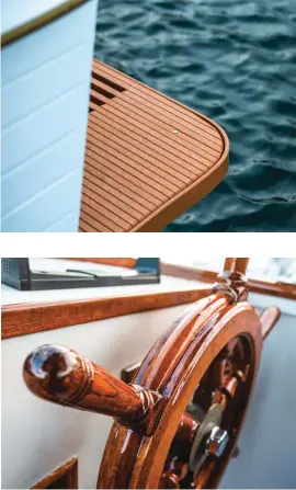  ??  ?? Top: The Paulsens left many of the traditiona­l Grand Banks touches intact on their boat, including the classic wood helm wheel.