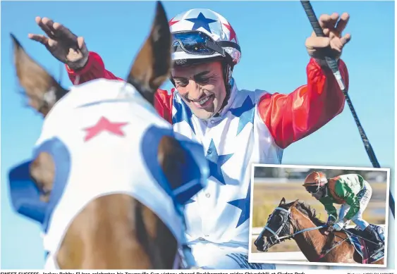  ?? SWEET SUCCESS: Jockey Bobby El- Issa celebrates his Townsville Cup victory aboard Rockhampto­n raider Chivadahli­i at Cluden Park. Picture: WESLEY MONTS ??